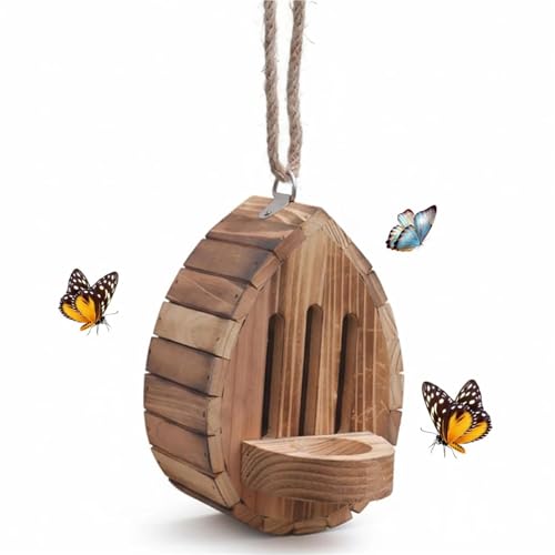 Houses Butterfly House for Outside Teardrop-Shaped Wooden Butterfly Habitat & Feeder with Rope for Garden Decor