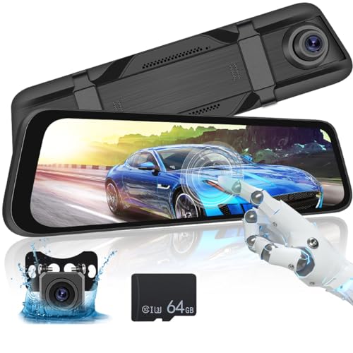 Hikity 9.66 Inch Mirror Dash Cam Front and Rear 1080P Camera, IPS Touch Screen Rear View Mirror Camera, Loop Recording, G-Sensor, 24H Parking Monitor, 64G TF Card, Night Version, Split Screen