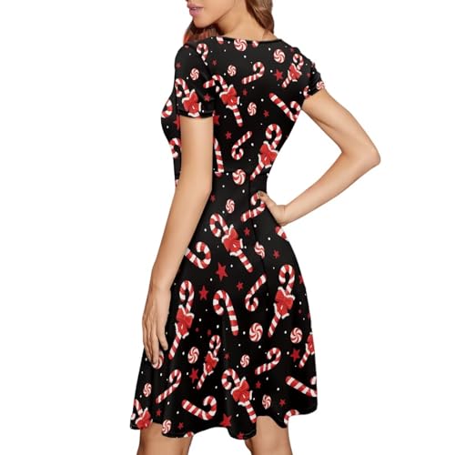Image of Forchrinse Christmas Candy Cane Dress for Women Plus Size Round Neck Midi Dresses Causal Short Sleeve Swing Flared A Line Sundress Holiday Party Clothing