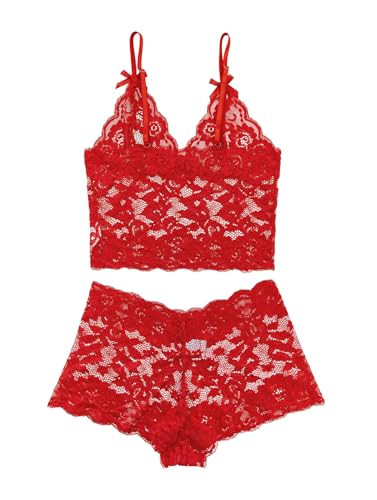 Image of Lilosy Sexy Sheer Floral Lace Pajamas Lingerie Set High Waist Sleepwear Bra and Panty 2 Piece Nightwear