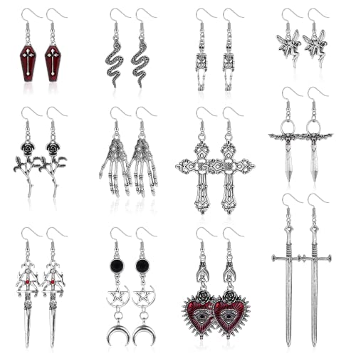 MILACOLATO Ohrringe Set 12 Paare Gothic Punk Vintage Ohrringe Set Punk Rock Harajuku Böses Auge Kreuz Schlange Herz Dangle Ohrringe Gothic Retro Silber Grunge Ohrringe für Frauen Mädchen Cover