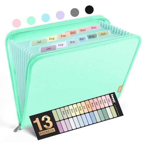 Sooez 13 Pocket Accordion File Organizer, Zipper Expanding File Folder Organizer, Reinforced Plastic Accordion Folder, A4 Letter Size, Portable Folders for Documents, Green