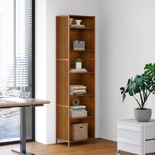 Warmiehomy 6-Tier Bookcase, 170cm Bamboo Bookshelf, Open Storage Shelf Freestanding, Wooden Shelving Unit Display Shelves for Living Room Bedroom Study Room Dinning Room (Rustic Brown)
