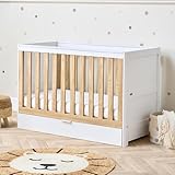 Tutti Bambini Riley 3-in-1 Baby Cot Bed with Drawer 120 x 60 cm, (0-4 years) - 3 modes: Cot, Toddler Bed & Toddler Sofa, Convertible Cot Bed for Baby with 3 Mattress Heights (White & Oak)