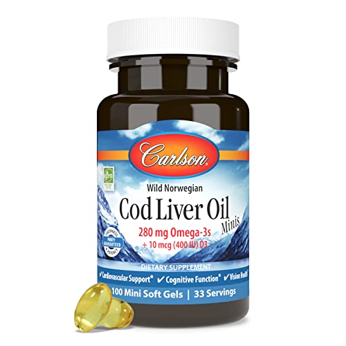 Carlson - Cod Liver Oil Minis, 280 Mg Omega-3S + Vitamins A & D3, Heart Support & Cognitive Function, Vision Health, 100 Mini Softgels #TOP4