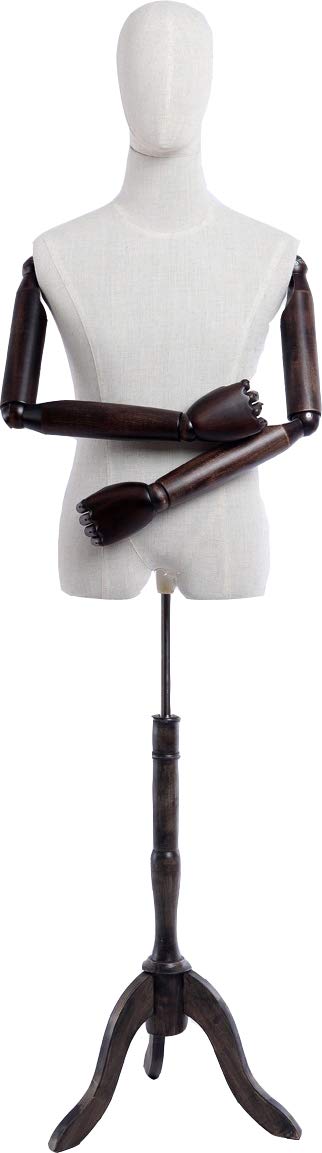 Manichino da sarto, fodera in lino, parte superiore del corpo e testa, braccia e dita in legno, regolabile a piacere, supporto in legno scuro (A-9-T-G maschio)