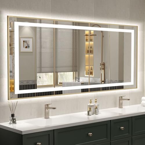 OKPAL 60x28 LED Bathroom Mirror Gold Metal Framed Front Light & Backlit, Lighted Vanity Mirror, Anti-Fog, Dimmable, 3 Colors, Shatterproof, ETL Listed, Horizontal/Vertical