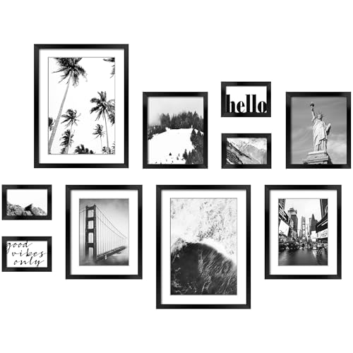 ArtbyHannah Gallery Wall Frame Set for Living Room, Multi-Size Black Picture Frames with Landscape Print Pictures, Hanging Wall Art Decor Black Photo Frame for Staircase Decoration (10 Pack)