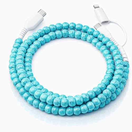 Image of Stylish Beaded Phone Charger Cable Colors USB Charging Cord for Smartphones (2-1 to USB C, Turquoise, 3.3ft)