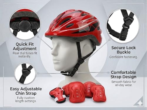 Image of JERN 7 Pieces Kids Children Plastic Roller Skating Bicycle Cycling Scooter Helmet Knee Elbow Pad Wrist Guard Set (Red)