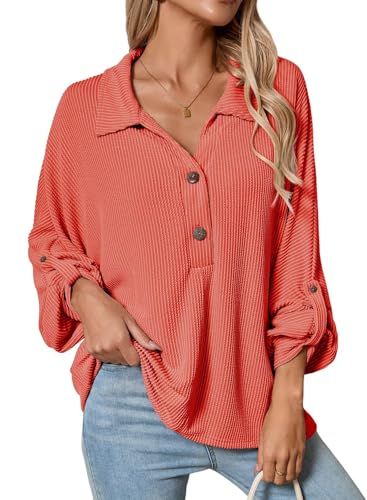 Astylish Women's Dressy Casual Blouses Button Down Business Work Tunic Cozy Batwing Tops Cute Long Sleeve V Neck Ribbed Shirts 2025 Fall Outfits Tomato Red XX-Large