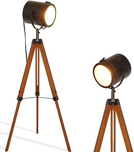 Industrial Vintage Black Tripod Floor Table Lamp - Modern Adjustable Height Wooden Nautical Cinema Searchlight - Spotlight Standing Reading Light for Living Room Bedroom Office Decoration(no Bulb)