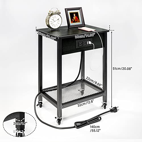 Tc-Homeny End Table With Charging Station & Usb Ports, Side Table With Wheels & Storage Shelf Nightstand For Living Room Bedroom #TOP2
