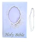 Bible in English for Wedding and Quinceanera White and Silver Letters with Crystal Rosary