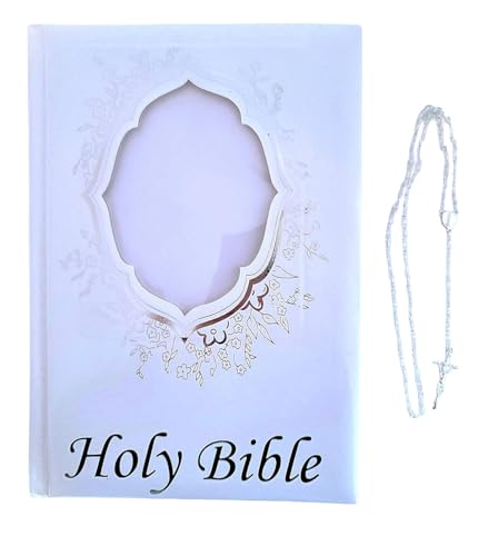Bible in English for Wedding and Quinceanera White and Silver Letters with Crystal Rosary