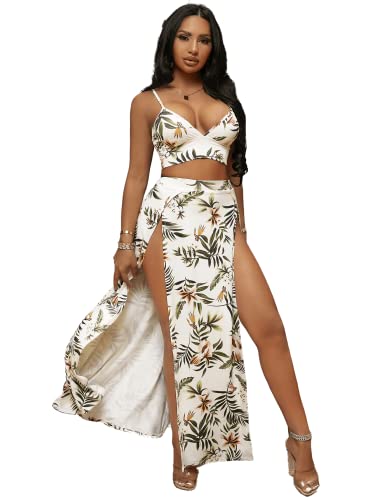 Shein Women's Two Piece Sexy Bralette Top And High Split Front Maxi Skirt Set White Tropical X-Small #TOP5