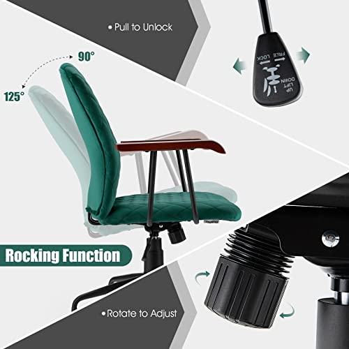 Costway Ergonomic Home Office Chair, Upholstered Velvet Leisure Office Chair With Rubber Wood Armrests & 5-Claw Metal Base, Vintage Mid-Back Computer Desk Chair For Home, Office, Study (Green) #TOP5