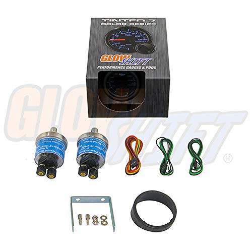 Glowshift Tinted 7 Color 200 Psi Air Pressure Gauge Kit - Includes 2 Electronic Sensors - Red & Green Analog Needles - Black Dial - Smoked Lens - For Air Ride Suspension Systems - 2-1/16" 52Mm #TOP5