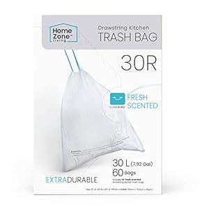 Home Zone Living 8 Gallon Kitchen Trash Bags with Drawstring Handles, Heavy Duty Custom Fit Design for 30 Liter Dual Recycling Liners, Code 30R, 60 Count