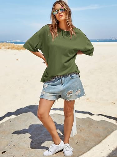 Tankaneo Womens Oversized Tshirts Summer Casual Short Sleeve Crew Neck T Shirt Loose Fit Side Slit Tee Tops Army Green - 4