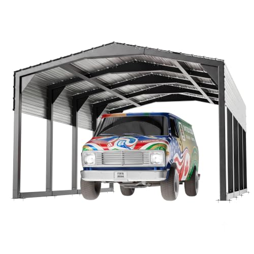 Image of Military-Grade Metal Carport 12x20 FT, Heavy- Duty Galvanized Steel Roof | 2x2 inch Steel Poles with Powder Coating, 17-Gauge Walls,100 PSF Snow Load Roof, Hurricane Resistant, Pickup, Truck, Ash Gray