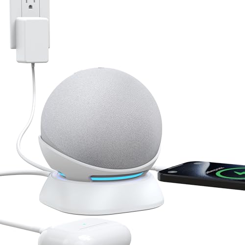 PlusAcc Stand for Dot 5th/4th Generation with USB-C and USB-A Charging Ports, Table Holder Base for Charge Cellphones and Earbuds, Non-Slip Base (White)