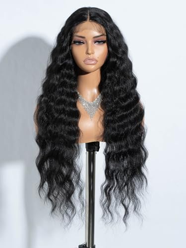 Joedir Lace Front Wigs Peluca sintética ondulada larga Parte media HD Encaje transparente con cabello de bebé para mujeres Pelucas de densidad 130% (Negro, 76 cm)