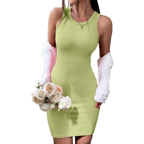 Image of Solid Sleeveless Round Neck Ribbed Western Bodycon Dress For Women
