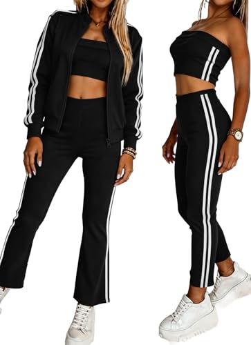 ZFTTV Womens 3 Piece Striped Track Suits Sets Long Sleeve Full Zip Jacket Strapless Bandeau Top with Jogger Sporty Pants Tracksuit Lounge Sets (black, S)