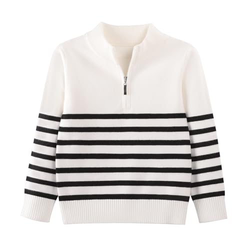 Danny D Boys Stripe Quarter Zips Pullover Sweater Kids Chunky Long Sleeve Knit Pullover Sweater ﻿ (US, Age, 5 Years, White)