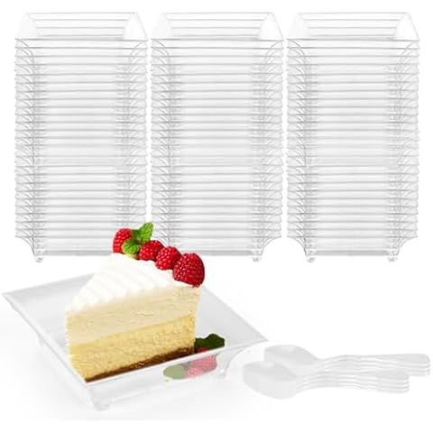 LDHHYH 200 Pack 1 oz Mini Dessert Plates with Spoons, 2.5 x 2.5 Inch Small Plastic Appetizer Plates, Reusable Clear Cake Plates Serving Dish for Ice Cream Fruit Salad Party Wedding Cover