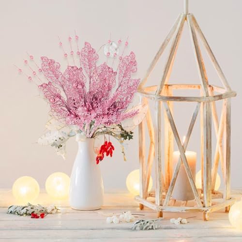 Cranight 6 Pack 16.5 Inch Artificial Glitter Berry Floral Stem Ornaments, Decorative Bead Sticks, Glittery Twigs, Picks, Branches for Christmas Tree, Small Vase, Holiday, Wedding, Party (Pink)