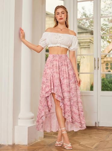 Women's Floral Maxi Skirts High Waist Summer Boho Flowy Ruffle Long Skirt with Pockets Blush Pink XL — view 3