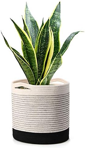 TVIRD Sturdy Rope Plant Basket,11"x 11"Modern Woven Plant Pot for 10" Flower Pot & Indoor Planters,Storage Organizer Basket Rustic Home Decor with Black and White Stripes