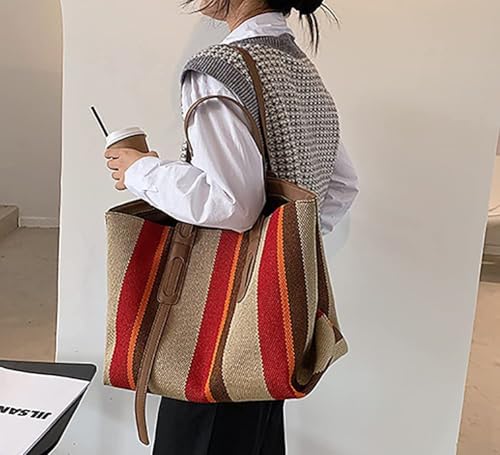 Bolso de hombro grande de lona con correa de cuero PU miniatura 2