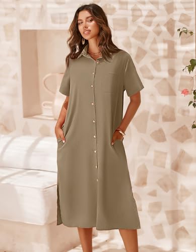 Image of Zeagoo Women Dresses Summer Casual Short Sleeve Button Down Shirt Dresses 2026 Beach Cover Up with Pockets