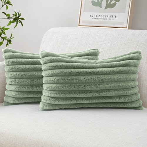 Image of MIULEE Faux Fur Lumbar Throw Pillow Covers 12x20 Set of 2 Sage Green