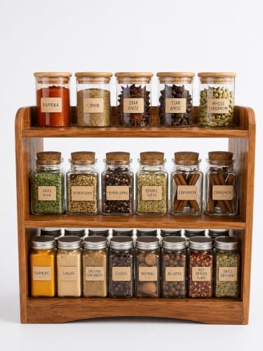 Image of 3 Tier Wooden Kitchen Organizer Rack for Countertop Storage | Multipurpose Spice Rack & Masala Stand for Seasoning Bottles, Condiments, Tea, Coffee & Daily Essentials