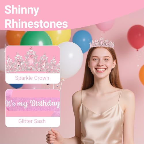 Birthday Tiara and Crown with Sash, Birthday Tiara for Women Party (Pink)