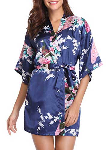 Vlazom Kimono Satin Robe Morgenmantel Kurz V-Ausschnitt Bademantel mit Gürtel Kimono Robe für...