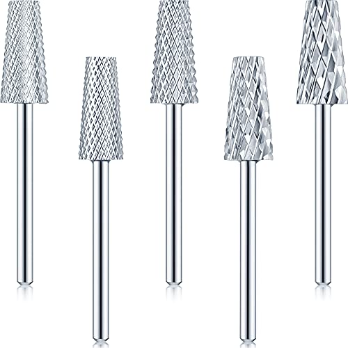 5 Pieces Nail Cuticle Drill Bits Set 5 Sizes Tapered Barrel Carbide Nail Bits Acrylic Nail File Drill Bit Nail Art Tools for 3/32 Inch Shank Size Gel Nails Manicure Pedicure, XC, C, XF, F, M (Silver)