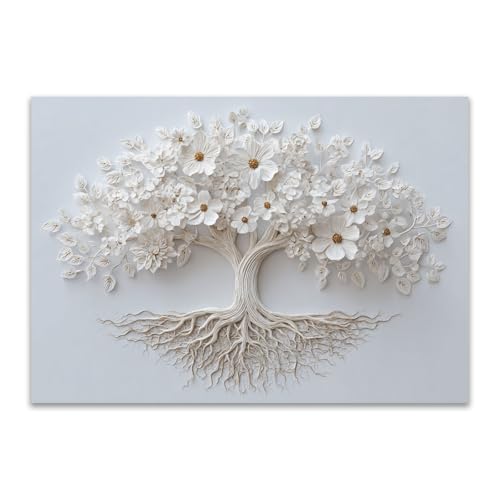 ZAMAEIU Arte de pared en lienzo del árbol de la vida, Árbol Flor Blanca, cuadros abstractos modernos, Apto para cortijo, oficina, corredor,cocina.（Blanco-50x70cm Sin marco