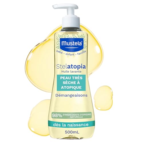 Mustela - Huile Lavante Stelatopia au Tournesol BIO - Nettoyage Doux pour Peaux très Sèches ou à Tendance Atopique - 98% d'ingrédients d'origine naturelle - Huile Lavante Bébé et Famille Flacon Pompe