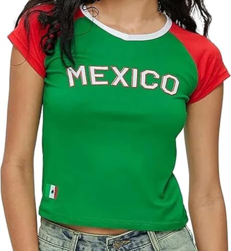 IDEWO Vintage Graphic Baby Tees for Women Brazil Shirt Y2k Tops Mexico Crop Jersey 2000s Summer Going Out Tops (Mexico,Large,Large)