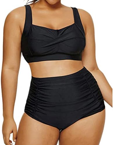 Daci Women Black High Waisted Twist Front Plus Size Bikini Vintage RetroTwo Piece Swimsuits Bathing Suits Ruched Swimwear 18 Plus