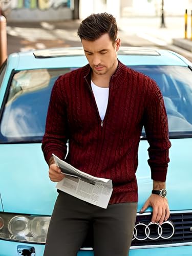 Image of TYSORT Men's Cotton Full Sleeve High Neck Full Zipper Sweater for Men, Cable Knitted Cardigan for Men