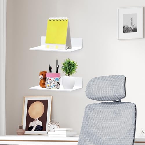 HUSOUE 2 Stück Wandregal Ohne Bohren, Selbstklebende Regale 20CM Länge Acryl Wandregal Floating Shelves mit Schrauben für Wohnzimmer Küche Büro Badezimmer (Weiß)