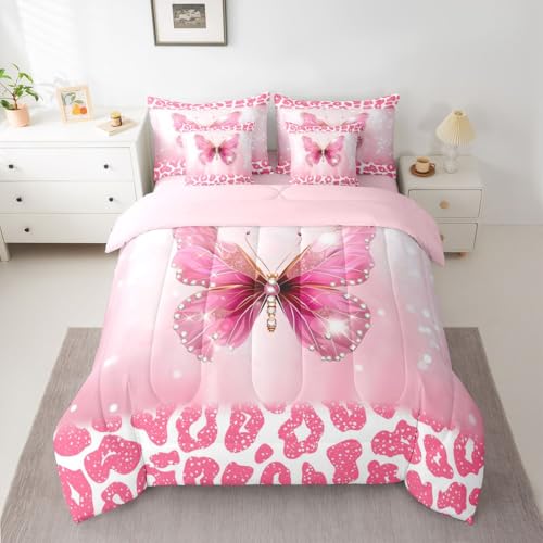 Image of Feelyou Cute Butterfly Comforter Set with Sheets 7 Piece Queen Size Leopard Print Bedding Set for Kids Boys Girls Butterflies Print Bed in a Bag Glitter Dreamy Princess Soft