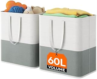 Lifewit 2 Pack Laundry Basket 60L, Freestanding Wasing Bastet for Laundry, Collapsible Tall Dirty Clothes Basket Fabric Laundry Hamper with Handles For Bathroom Bedroom Dorm, Dark and Light
