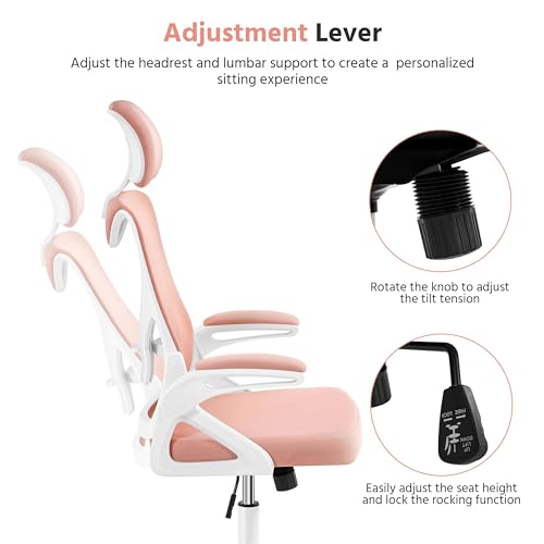 Image of Yaheetech Ergonomic Office Chair with Headrest, Lumbar Support, White /Pink | Breathable mesh high-back adjustable headrest, padded seat, and flip-up armrests supports your back and neck, holds 300lb